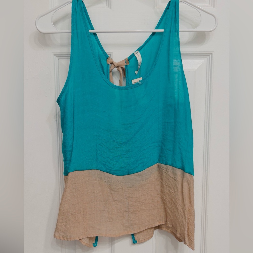 Millibon Turquoise and Brown Top with Tan Bow details